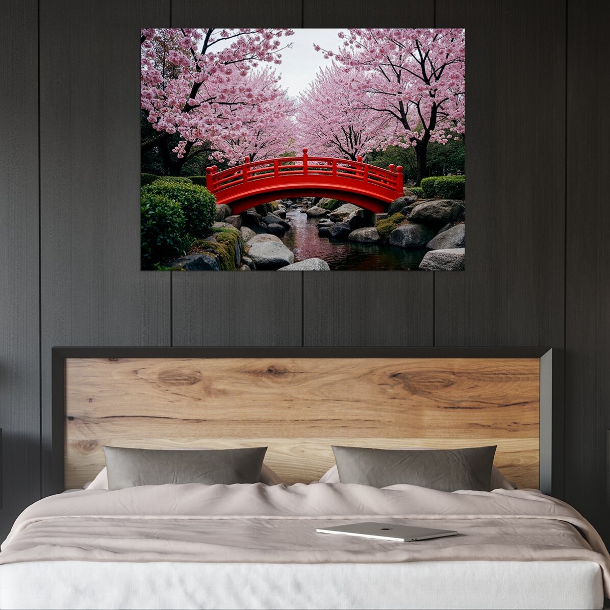 Poster „Japanischer Garten – Blühende Kirschbäume“