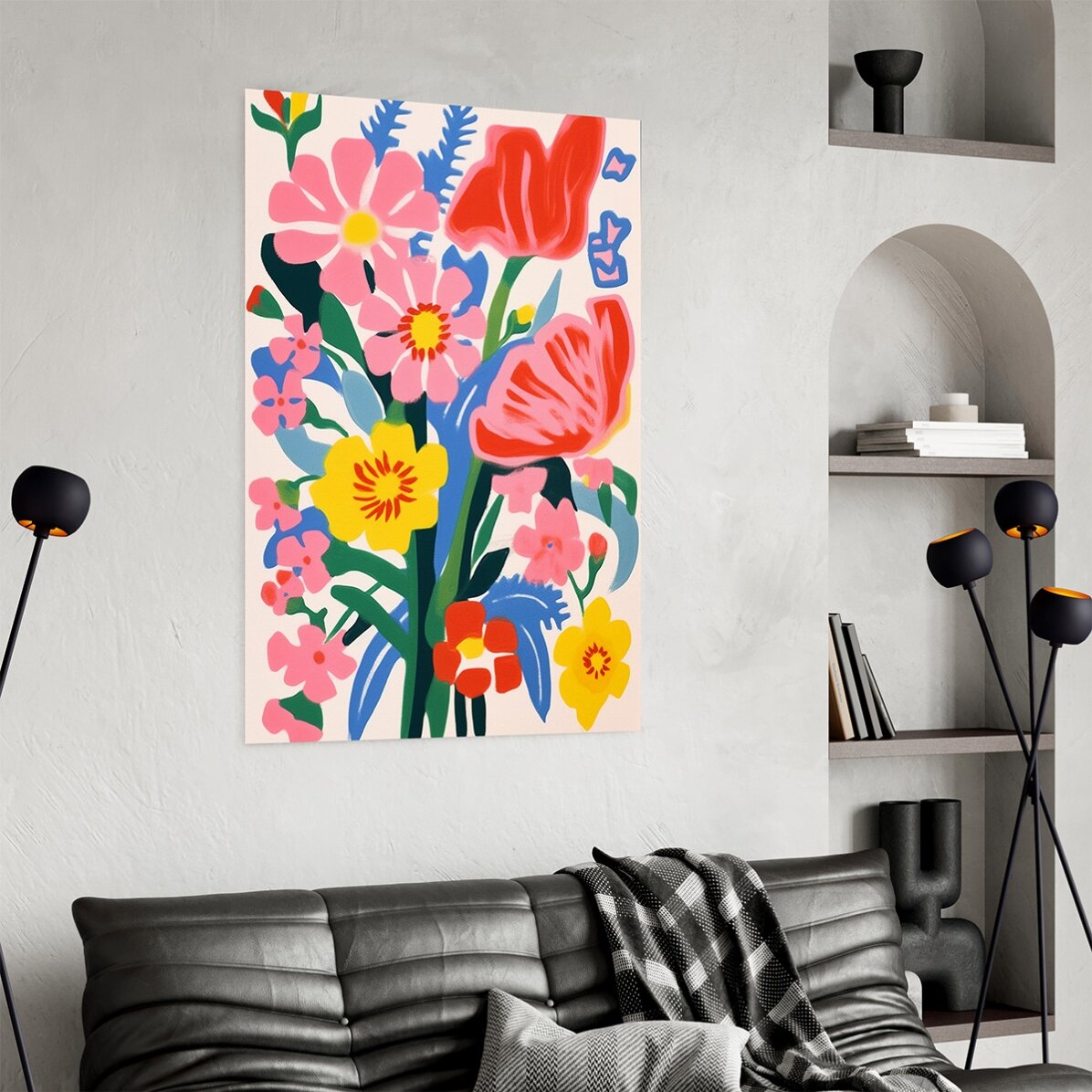 Poster mit einer Illustration von bunten Blumen, gezeichnet 1