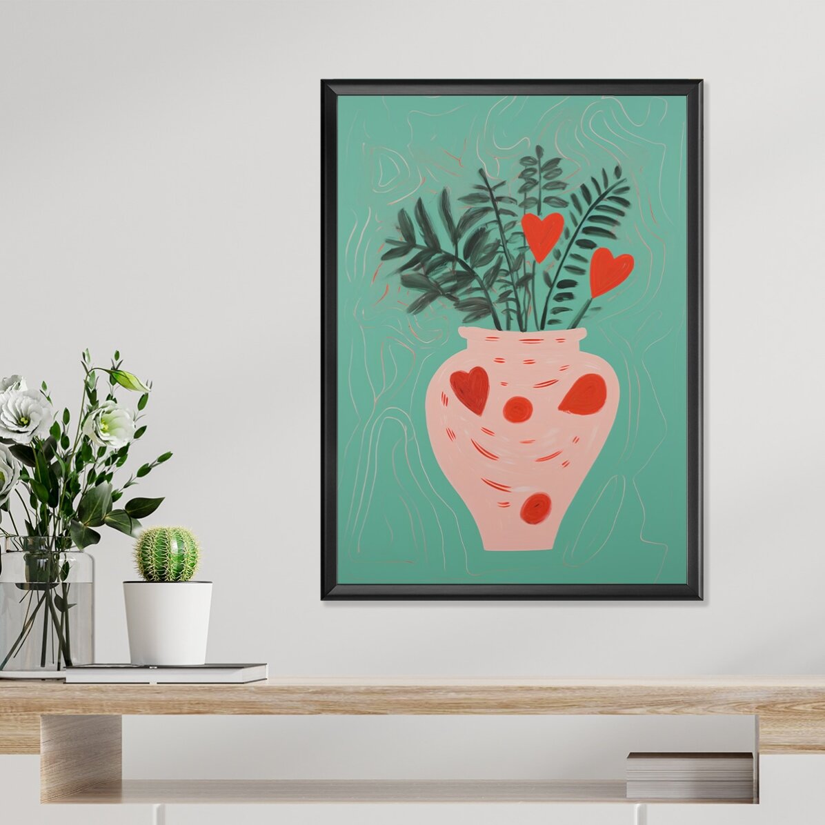 Poster mit Illustrationen von Topfpflanzen und gezeichneten Herzchen