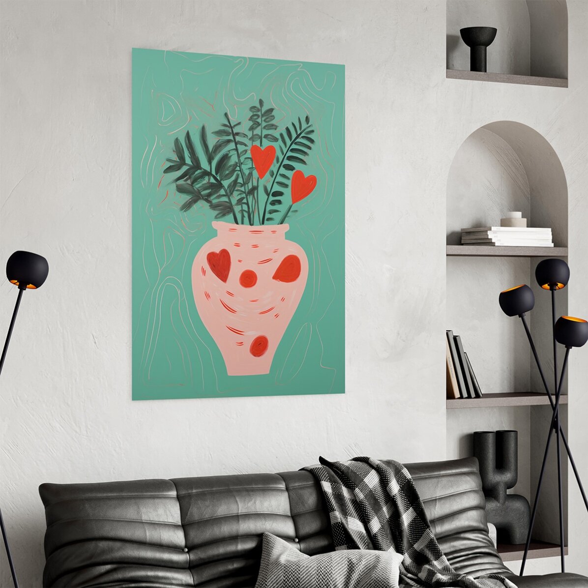 Poster mit Illustrationen von Topfpflanzen und gezeichneten Herzchen