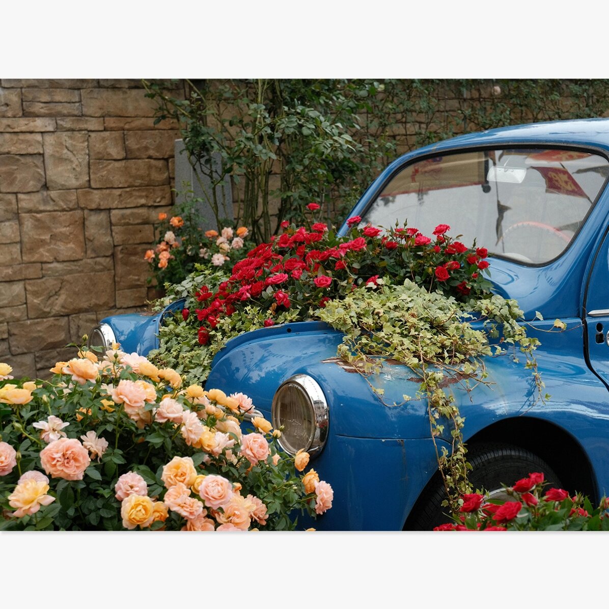 Poster: Blaues Oldtimer-Auto mit Blumen