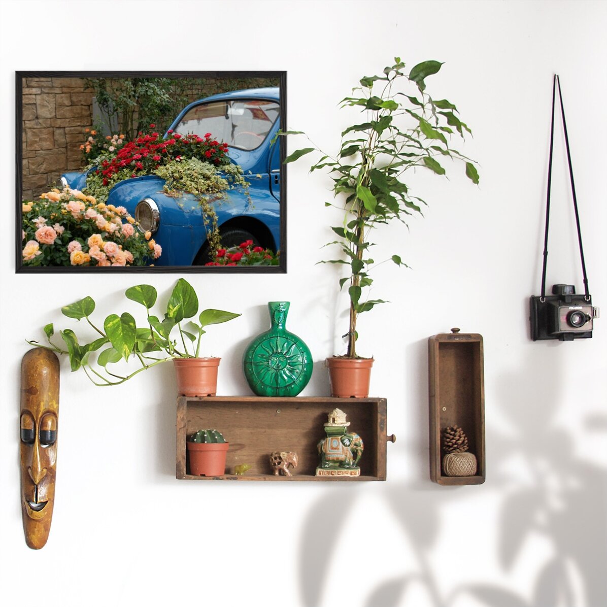 Poster: Blaues Oldtimer-Auto mit Blumen