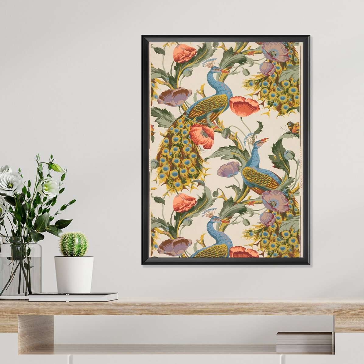 Vintage-Poster mit Pfauen und Mohnblumen