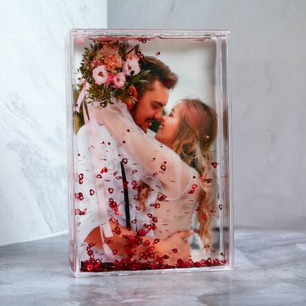 Personalised desk photo frame with hearts and a photo