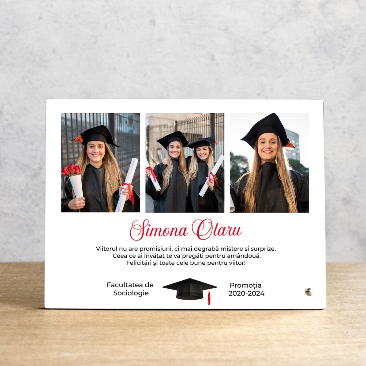 Personalised desk photo frame with 3 photos and text - Graduation