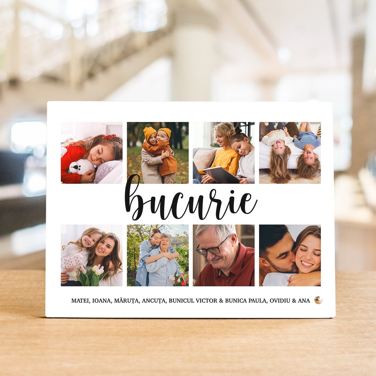 Personalisierter Fotorahmen für den Schreibtisch mit 8 Fotos und Text – Freude