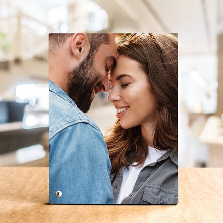 Personalised desk photo frame with a portrait photo