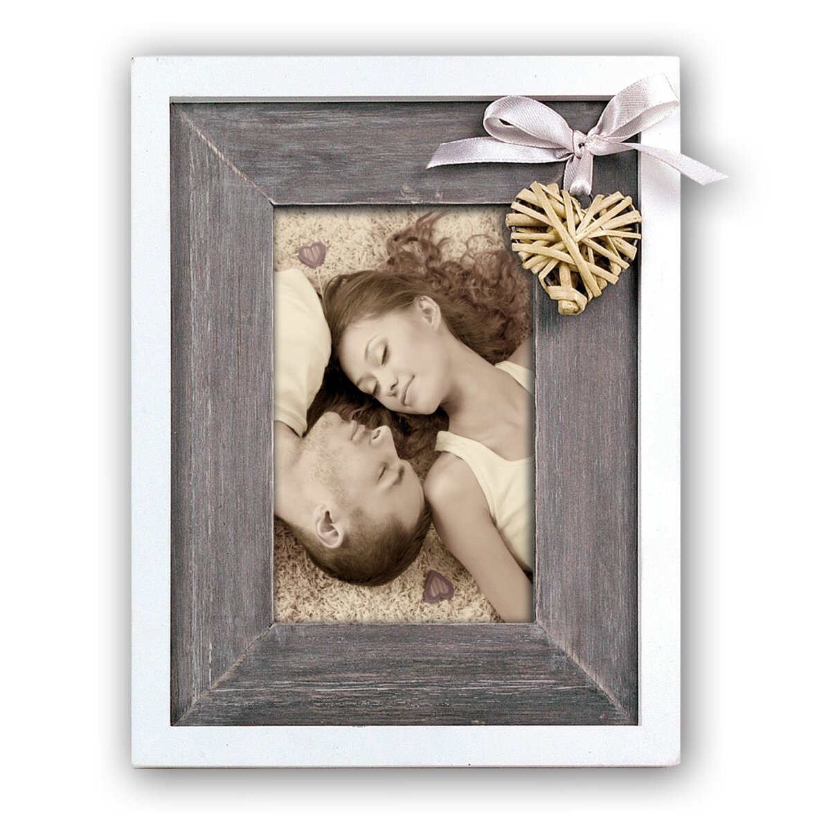 Fotorahmen mit Schleife und Herz aus Holz, 18,5 x 23,5 cm
