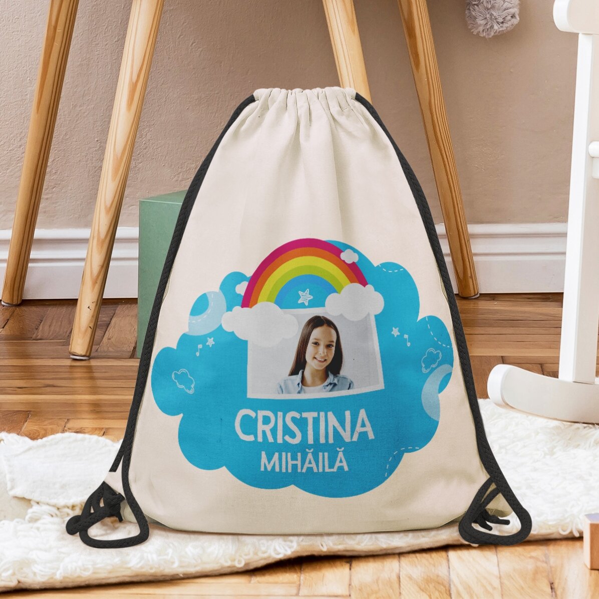 Personalisierter Rucksack mit Namen und Foto – Modell „Regenbogen“