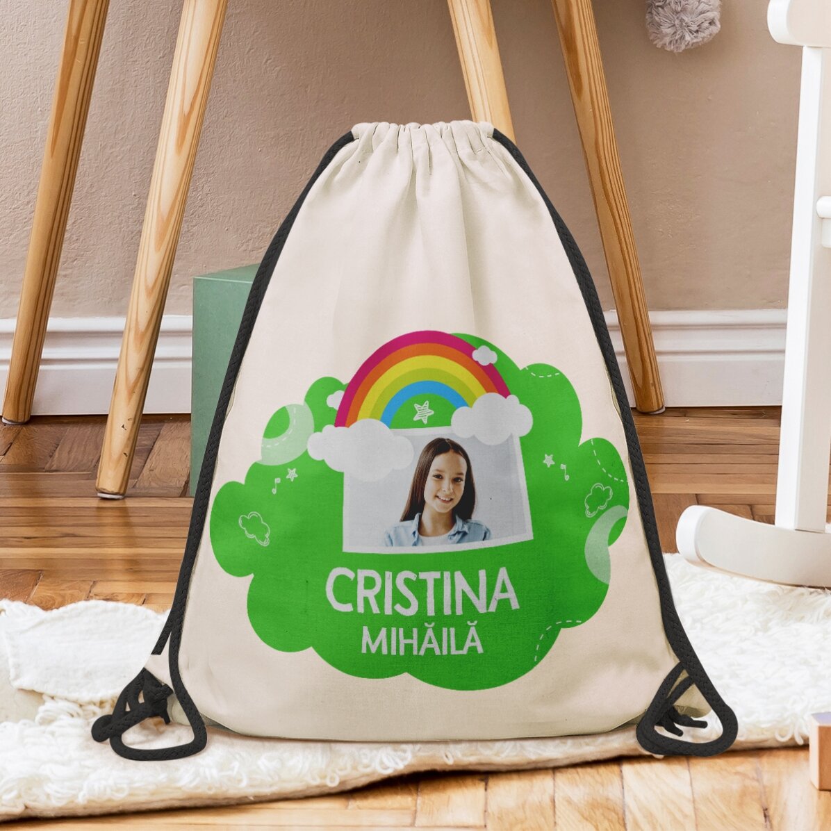 Personalisierter Rucksack mit Namen und Foto – Modell „Regenbogen“