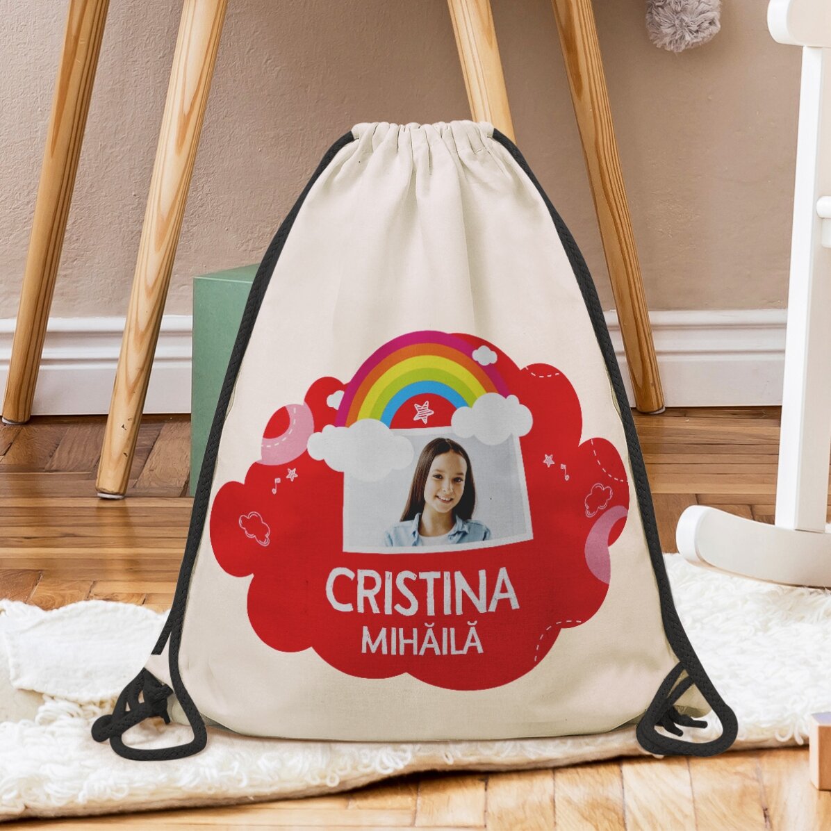 Personalisierter Rucksack mit Namen und Foto – Modell „Regenbogen“