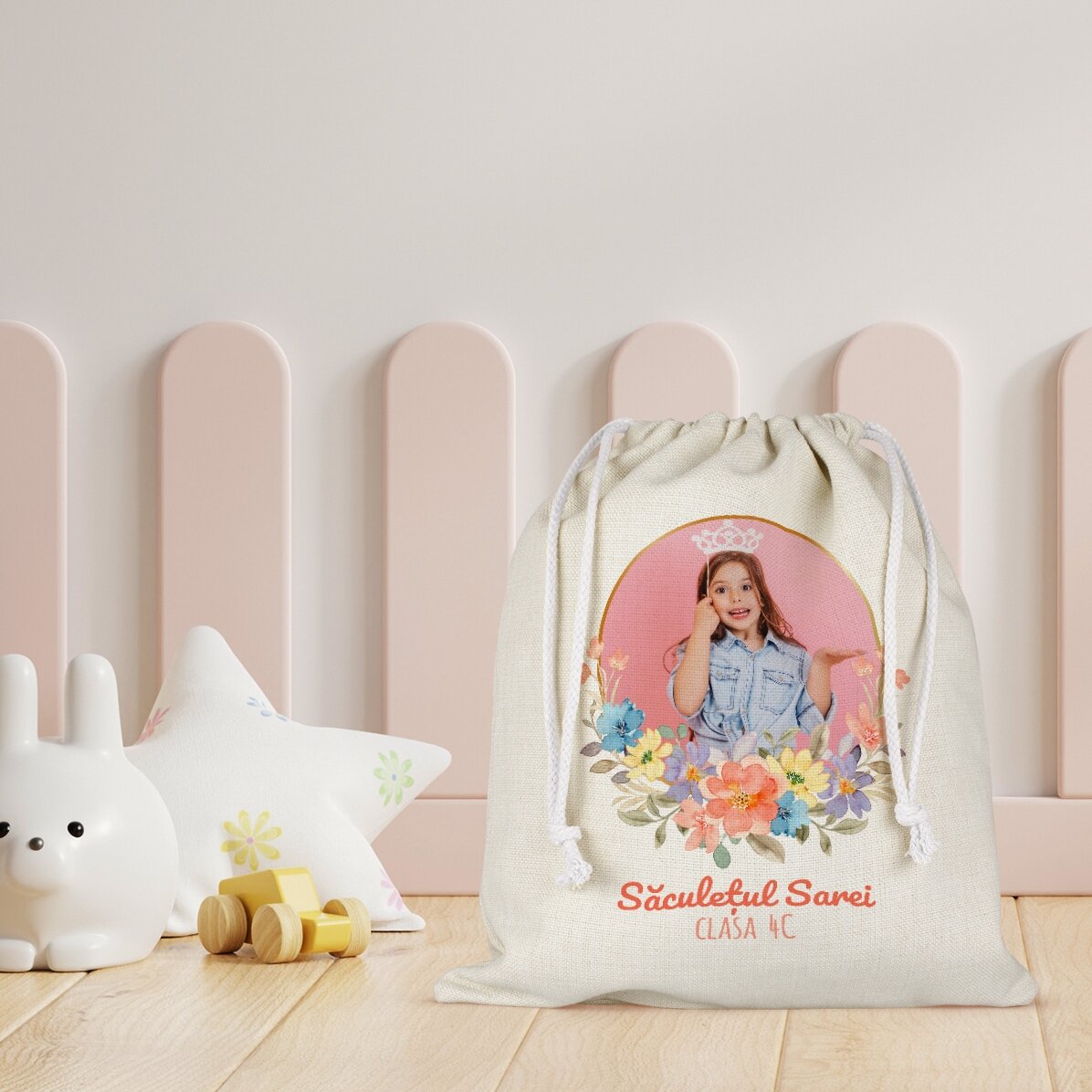 Personalisierte Kindergartentasche mit Text und Foto – Flowers