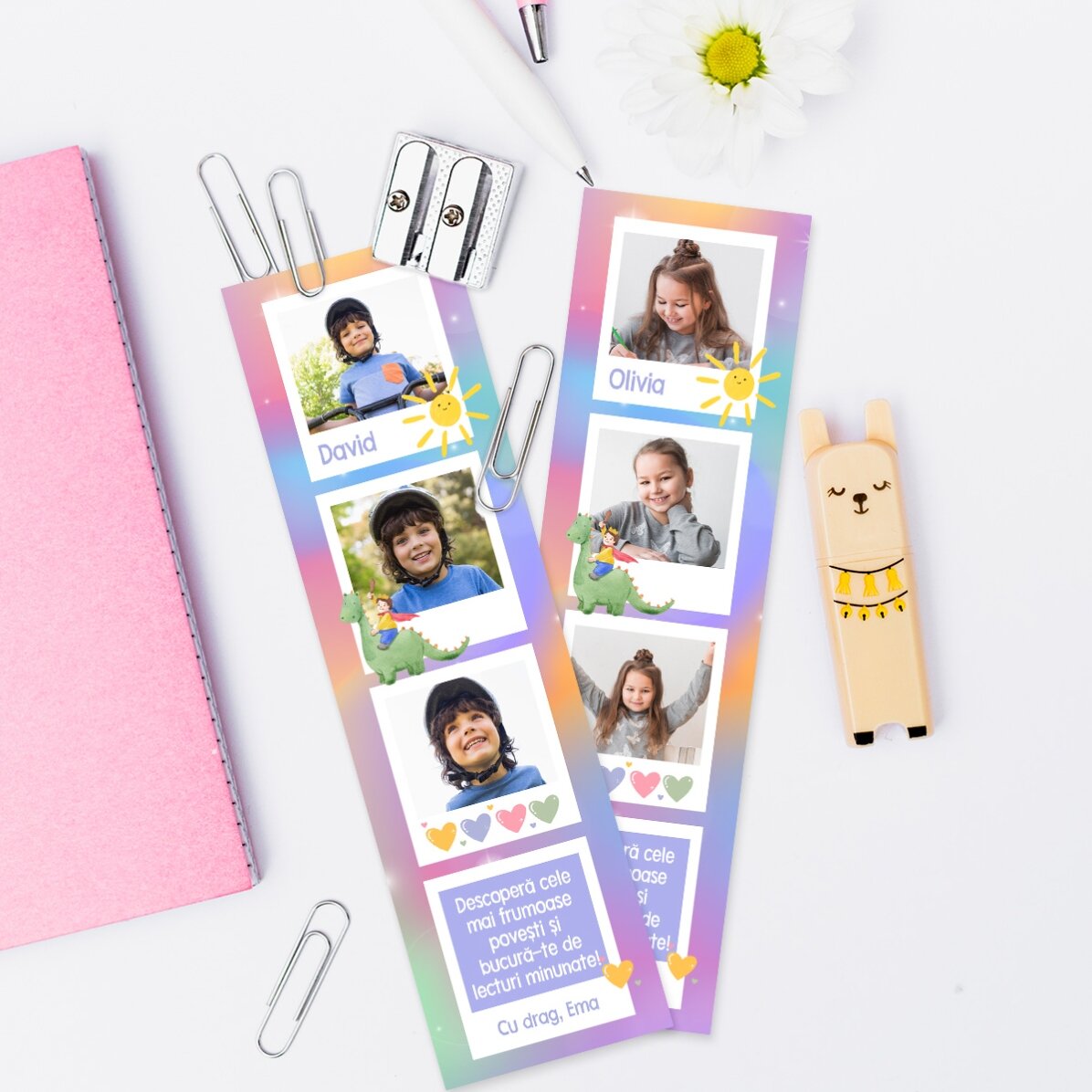 Personalisiertes Lesezeichen mit Botschaft und 3 Fotos – Regenbogen