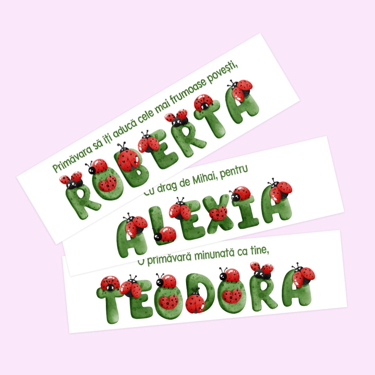 Personalised bookmark with message and name - Ladybirds