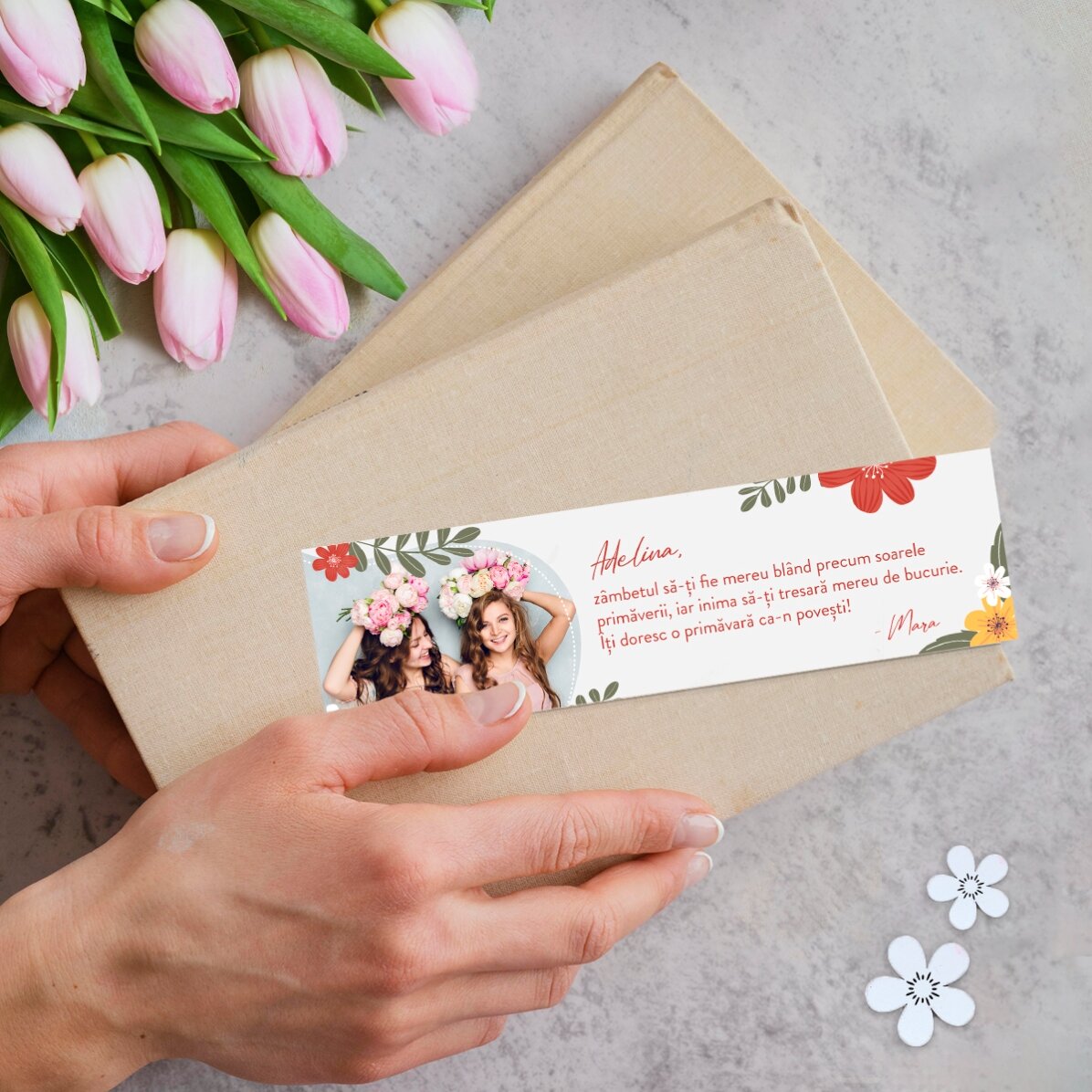 Personalisiertes Lesezeichen mit Foto und Botschaft – Frühling