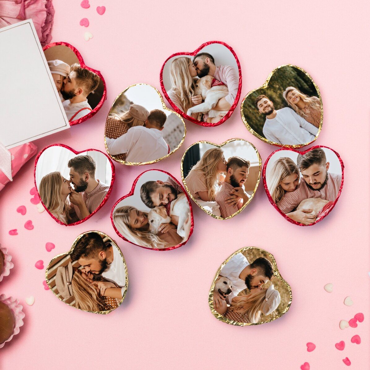 Set mit 10 personalisierten Mini-Schokoladenherzen mit Foto