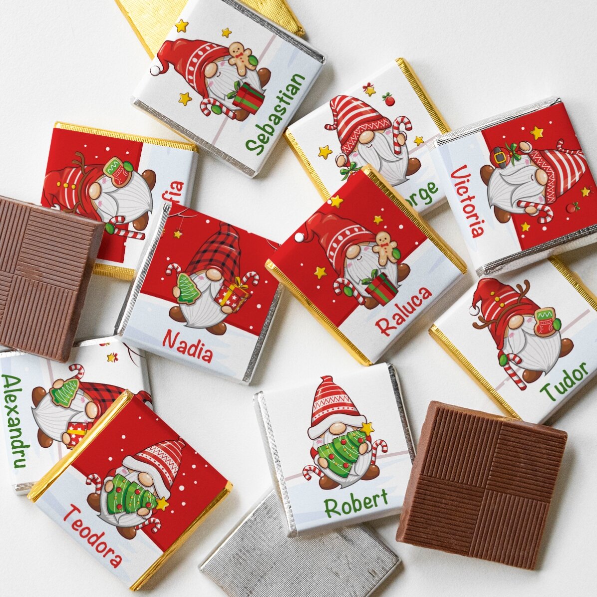 10er-Set personalisierte Mini-Pralinen mit Namen – Weihnachtszwerge