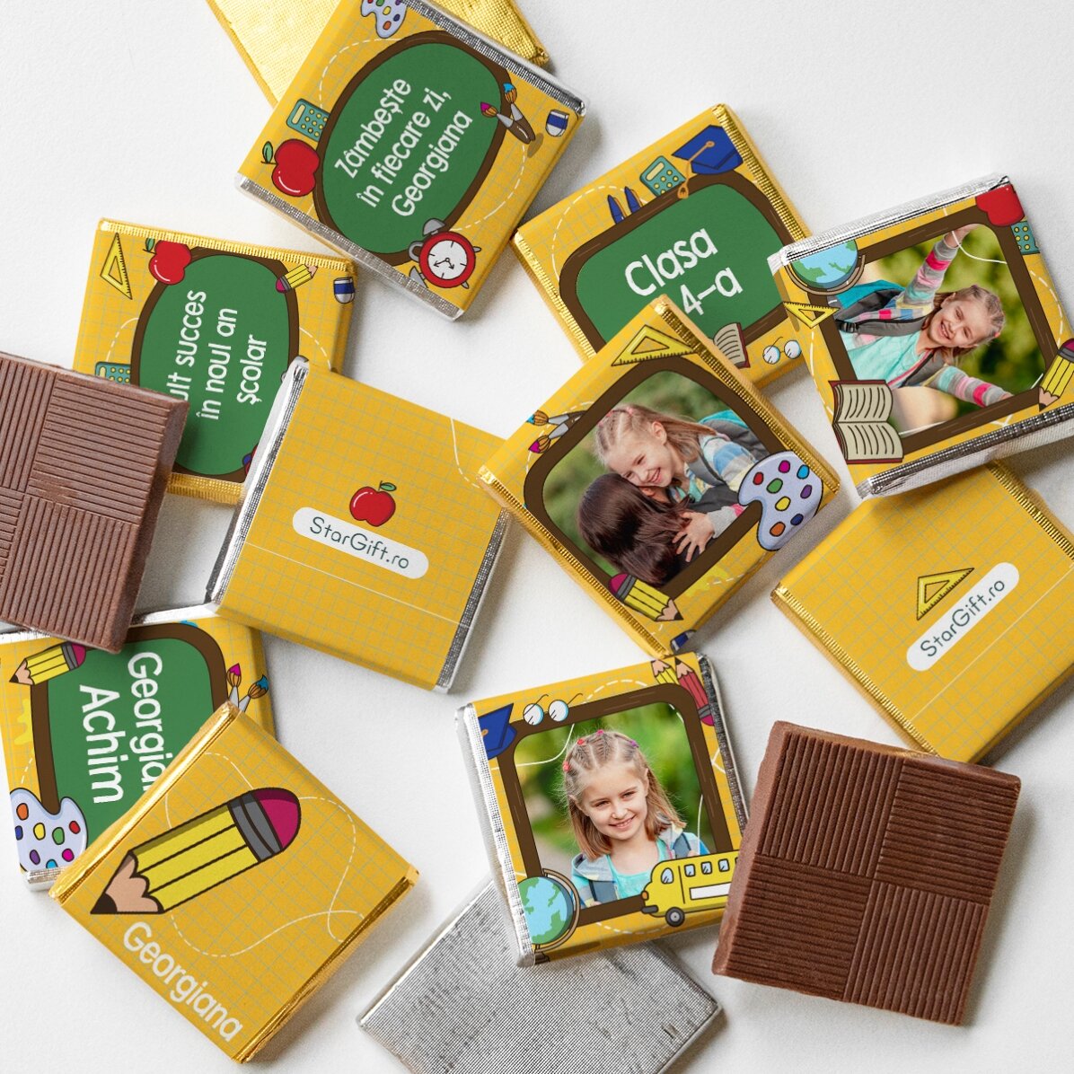 Set mit 10 personalisierten Mini-Pralinen mit Fotos und Text zum Schuljahresbeginn