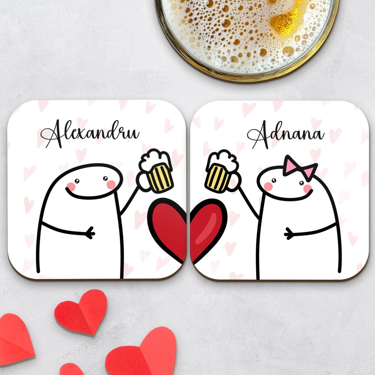 Set mit 2 personalisierten Untersetzern mit Text – Cute Love