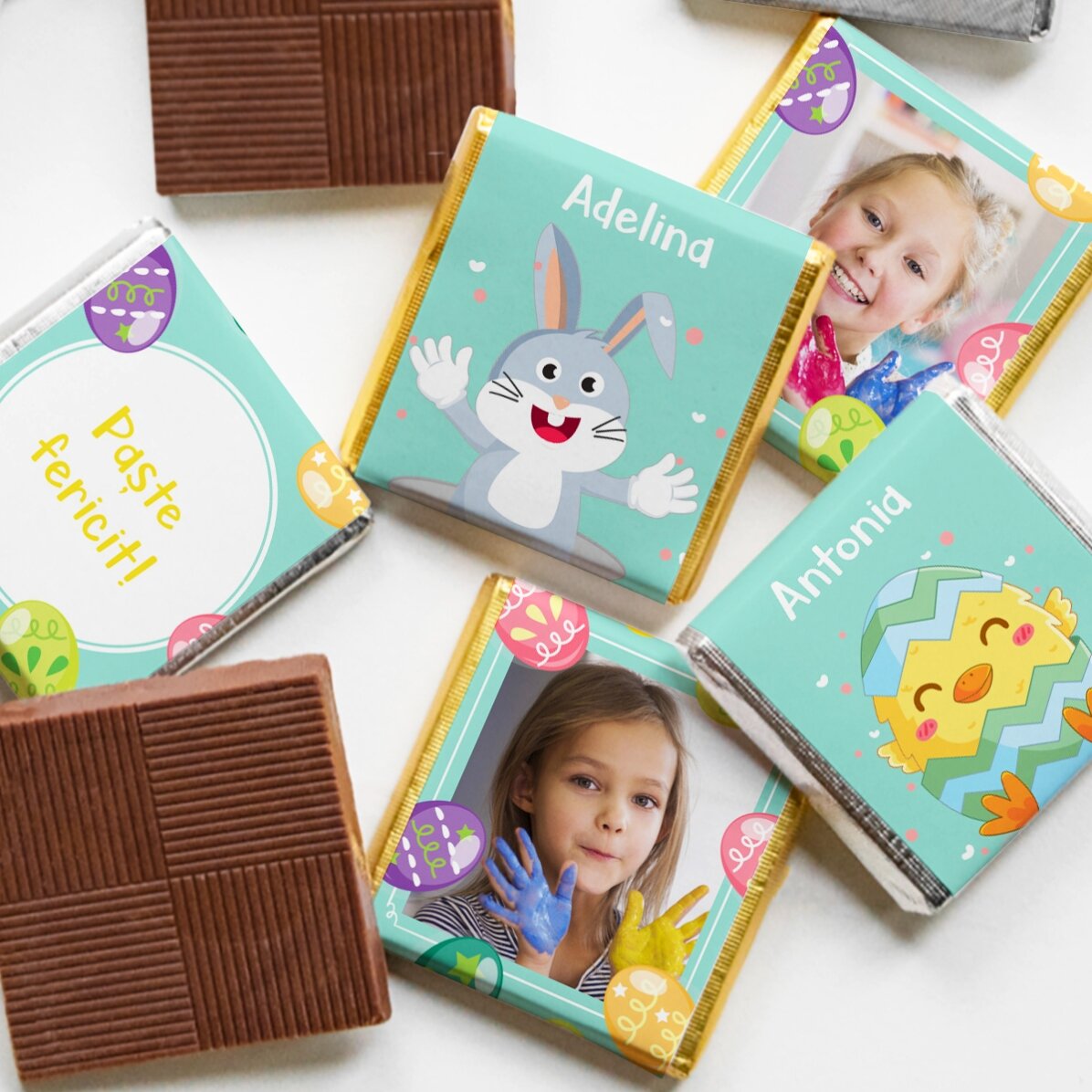 Set mit 5 personalisierten Mini-Pralinen mit Fotos und Text – Ostern