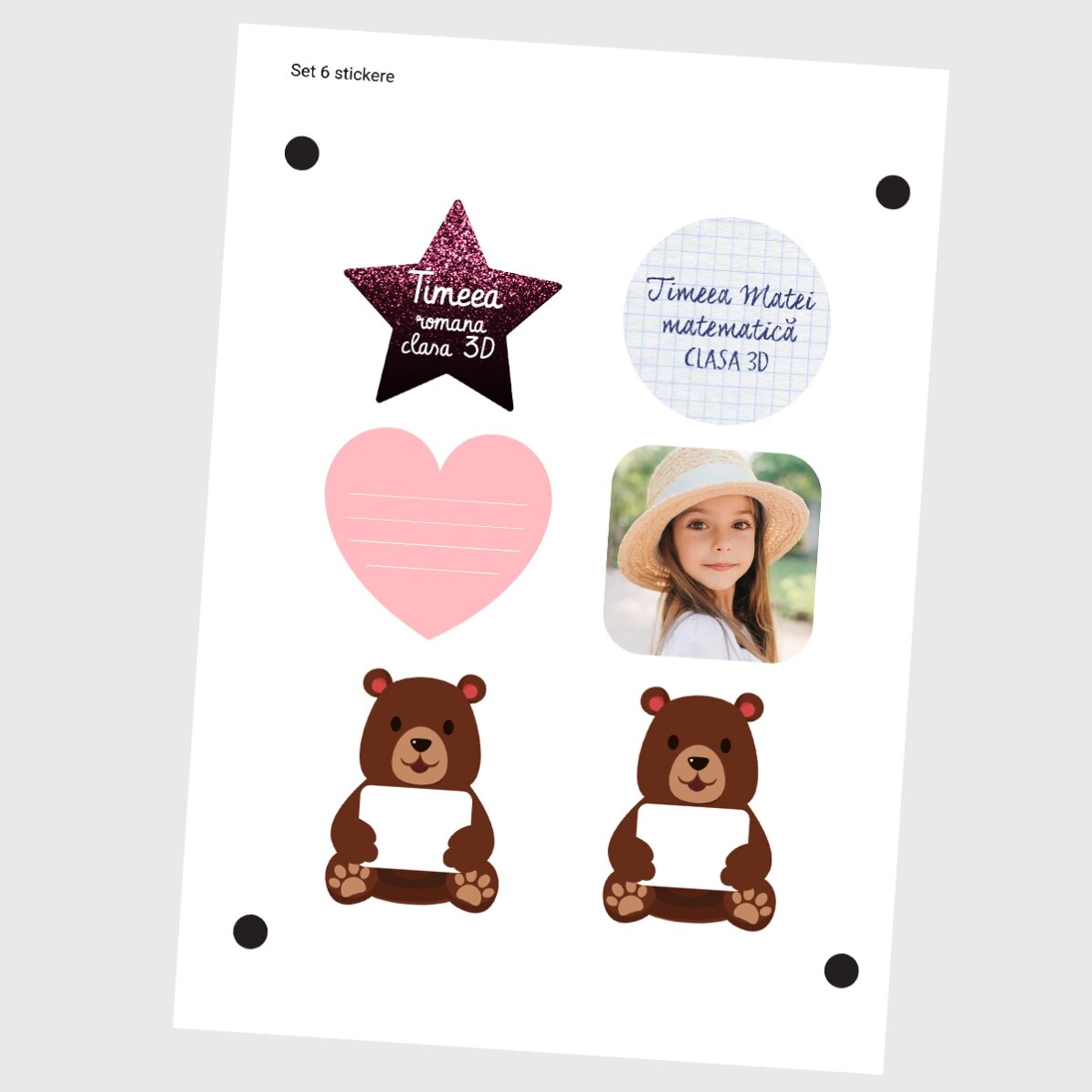 6er-Set personalisierter Aufkleber (selbstklebende Etiketten) für die Schule – Cute