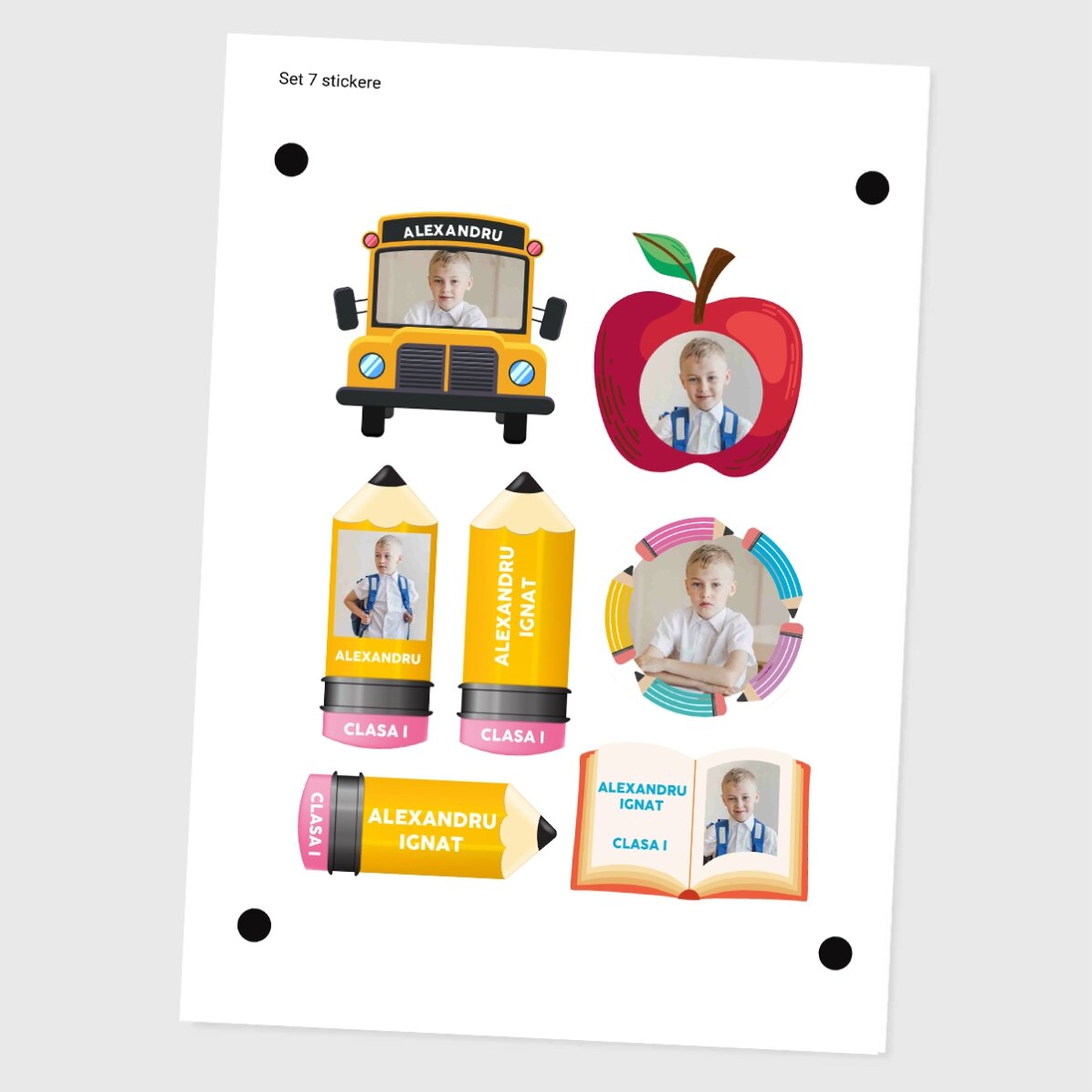 Set mit 7 individuell gestalteten Aufklebern (selbstklebende Etiketten) für die Schule mit 5 Bildern