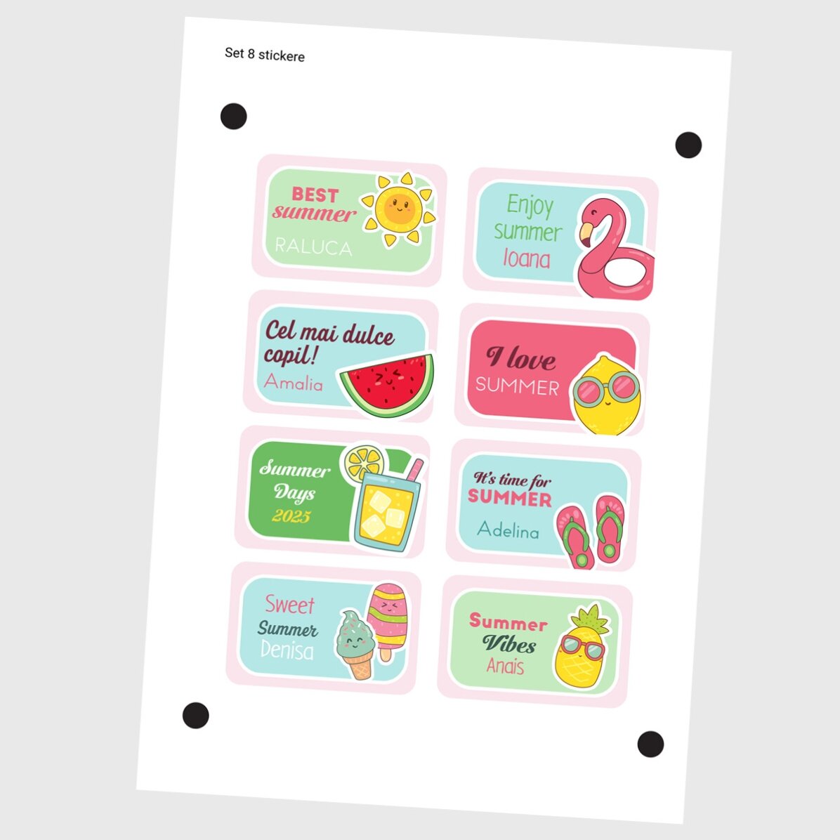 Set mit 8 individuell gestalteten Aufklebern (selbstklebende Etiketten) mit Botschaft – Summer