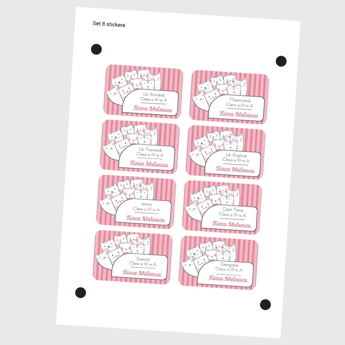 Set mit 8 individuell gestalteten Aufklebern (selbstklebende Etiketten) mit Text – Kitty
