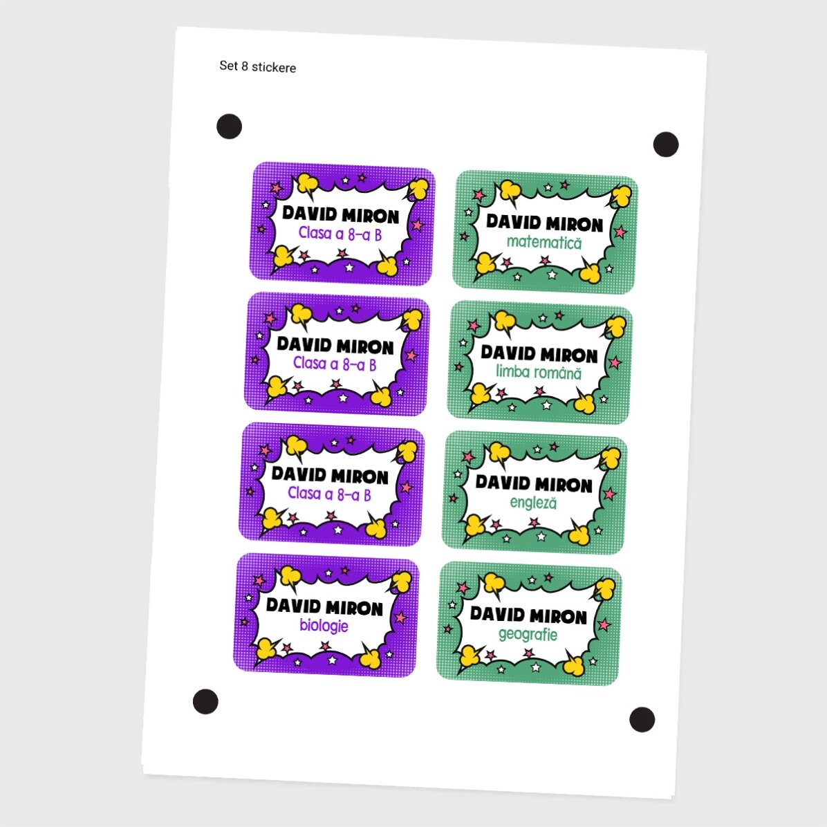 Set mit 8 personalisierten Aufklebern (selbstklebende Etiketten) für die Schule – Comics