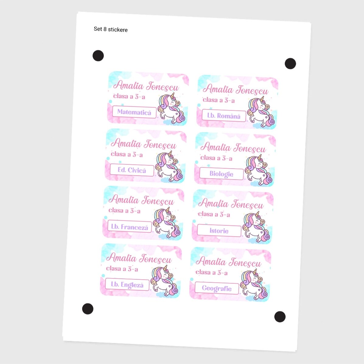 Set mit 8 personalisierten Aufklebern (selbstklebende Etiketten) für die Schule – Einhorn