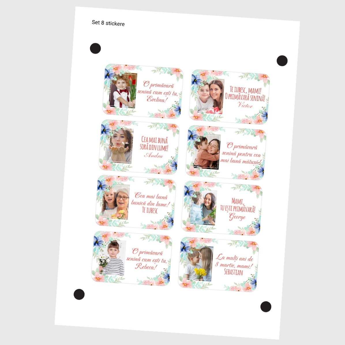 Set mit 8 individuell gestalteten Aufklebern (selbstklebende Etiketten) mit Fotos und einer Botschaf
