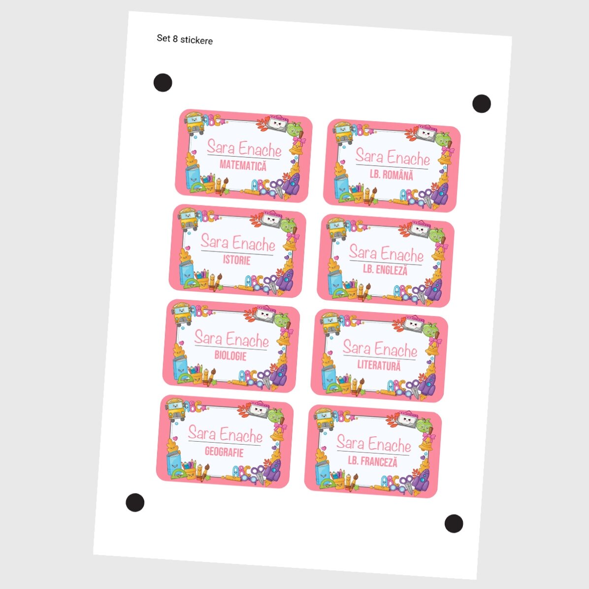 Set mit 8 individuell gestalteten Aufklebern (selbstklebende Etiketten) für die Schule mit dem Text 