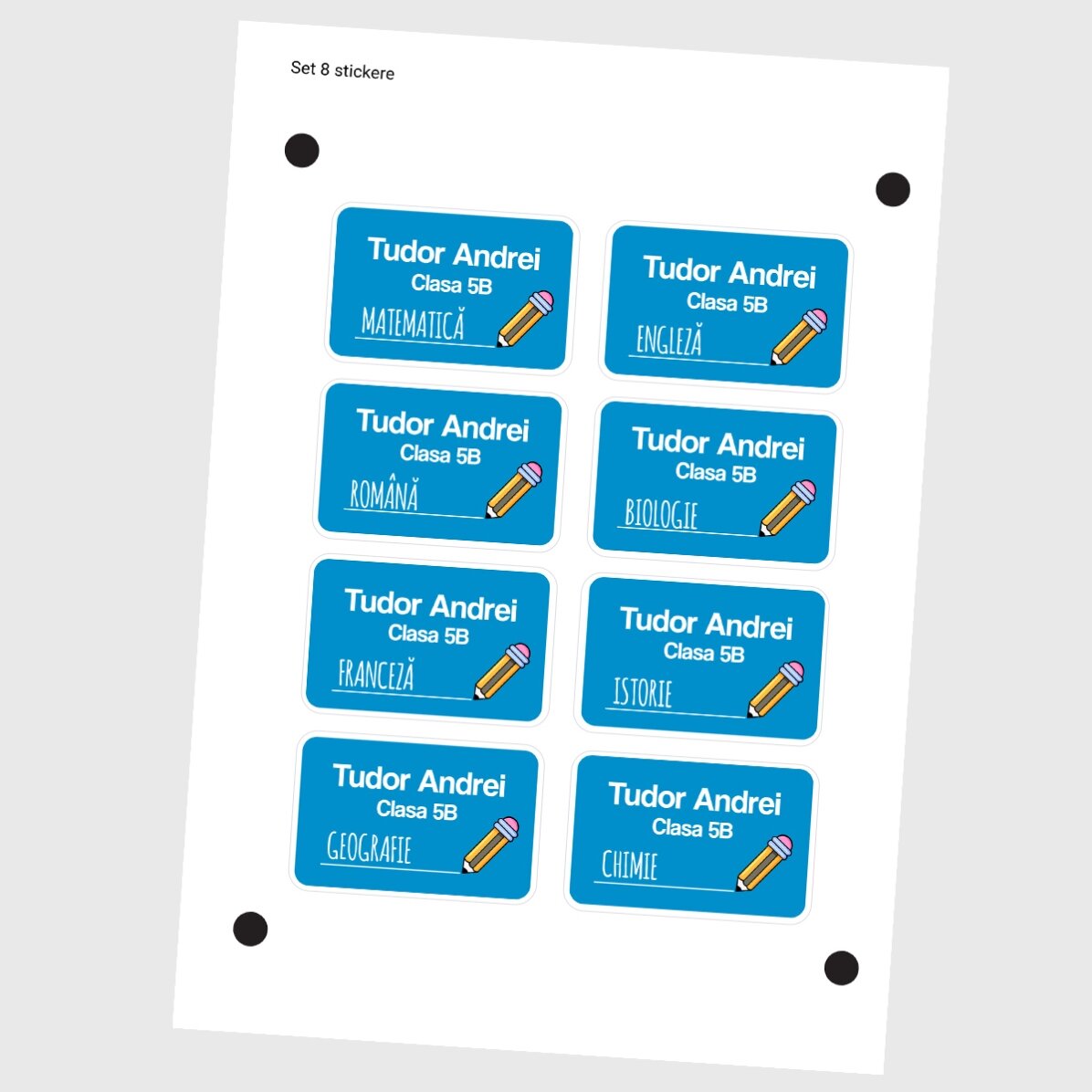 Set mit 8 personalisierten Aufklebern (selbstklebende Etiketten) für die Schule mit Text – bunter Hi