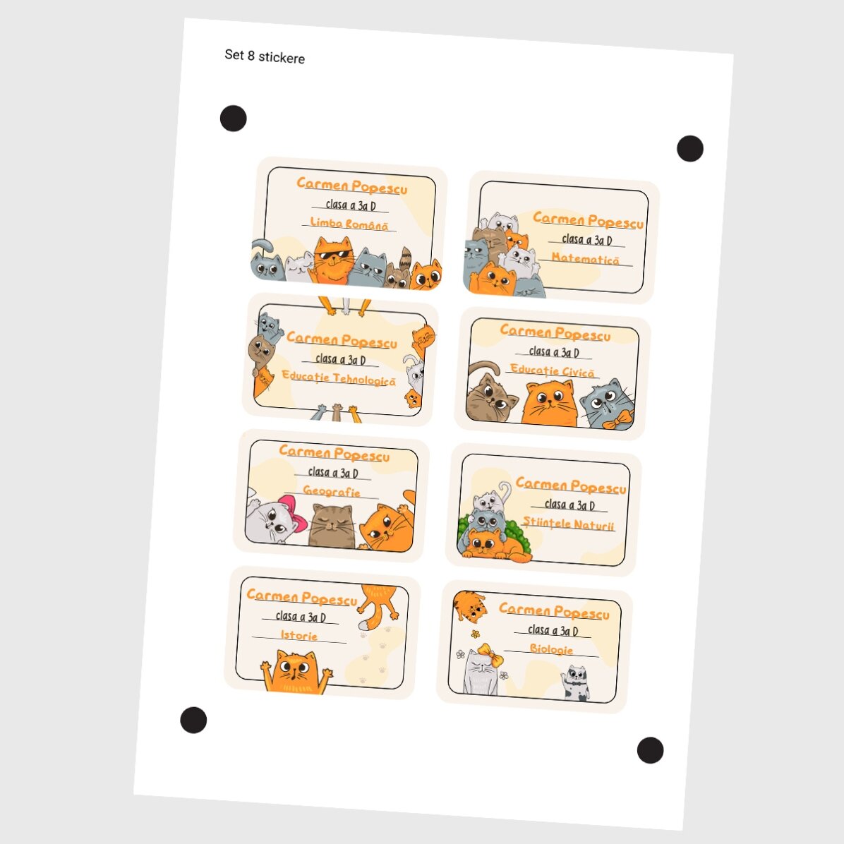Set mit 8 personalisierten Aufklebern (selbstklebende Etiketten) für die Schule mit Text – Kittens