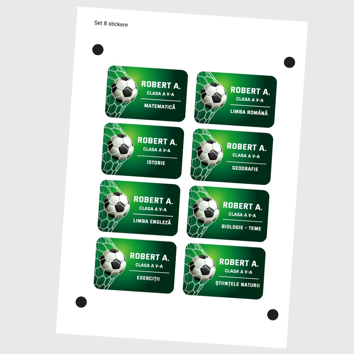Set mit 8 personalisierten Aufklebern (selbstklebende Etiketten) für die Schule – Fußball