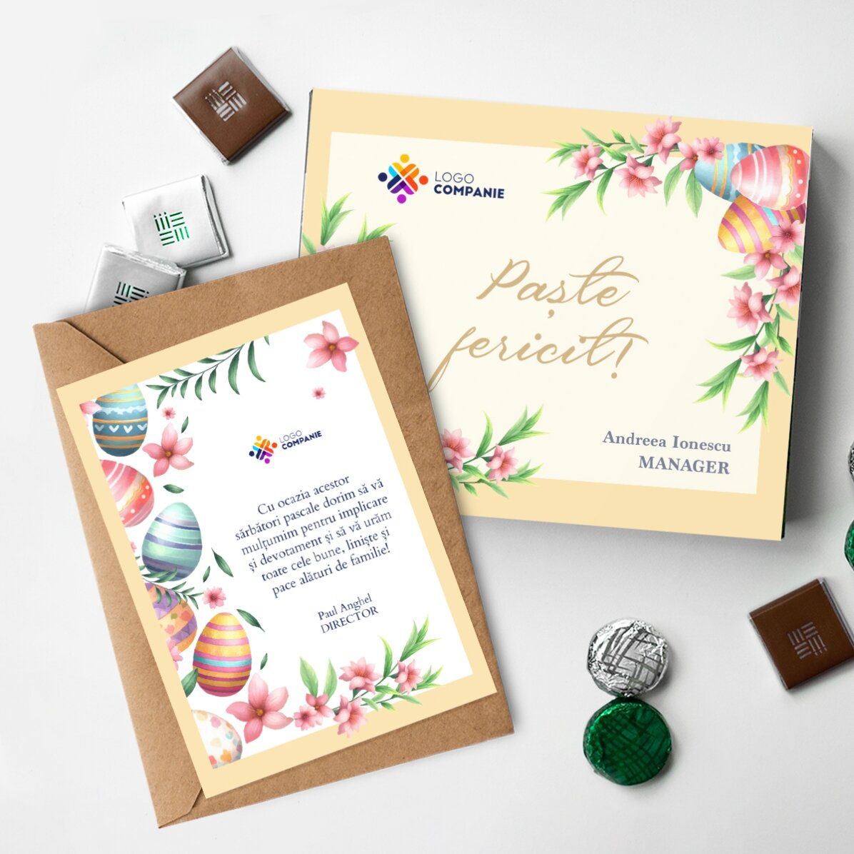 Individuell gestaltetes Set mit Logo – Pralinenschachtel und Karte – Frohe Ostern!