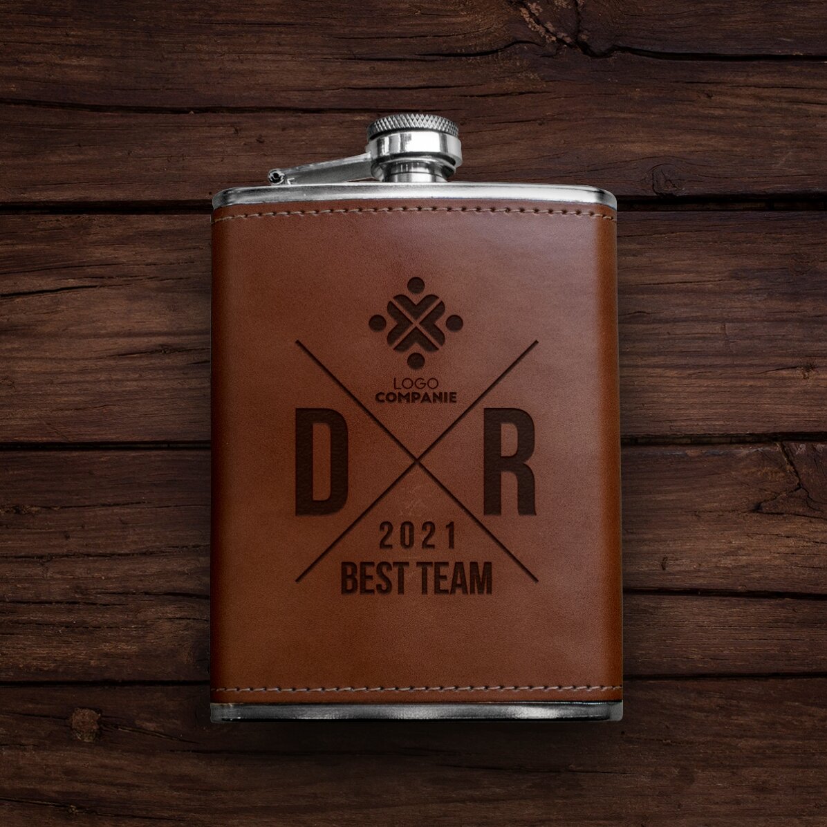 Leather-covered pocket flask personalised with logo and initials