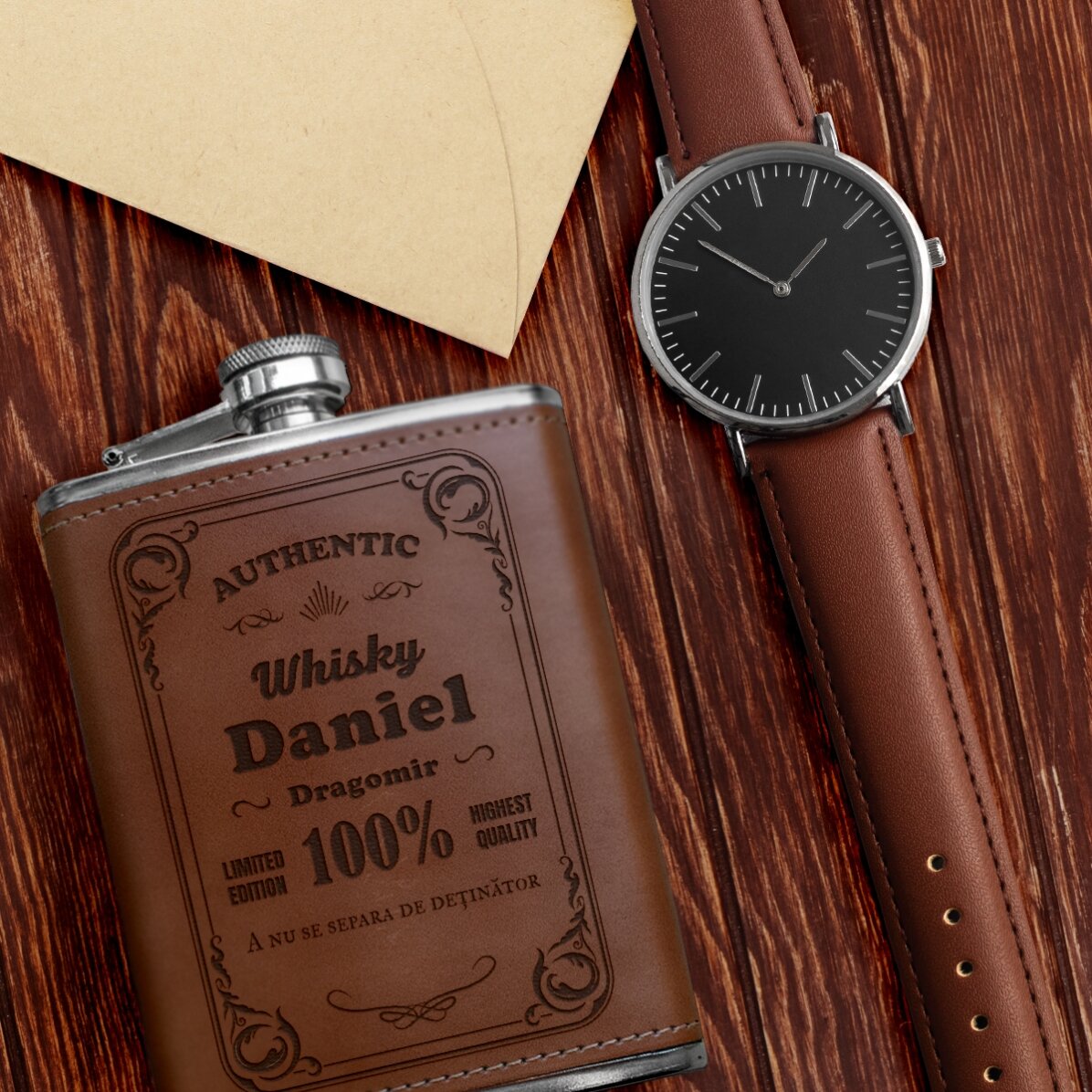 Personalisierte, mit Leder ummantelte Taschenflasche – Authentic Drink