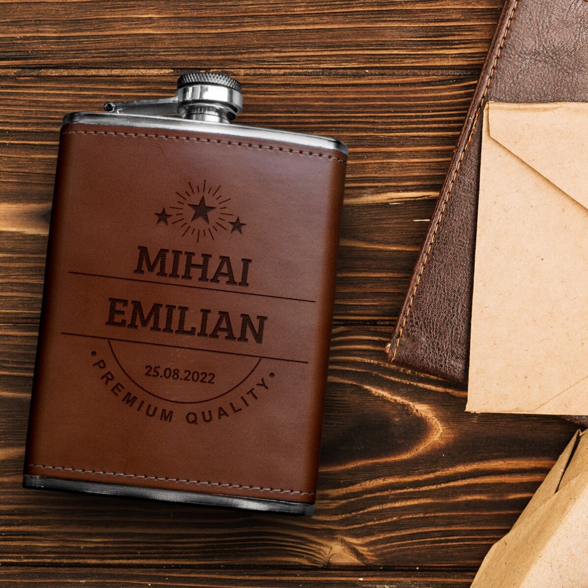 Personalised pocket flask covered in leather with name