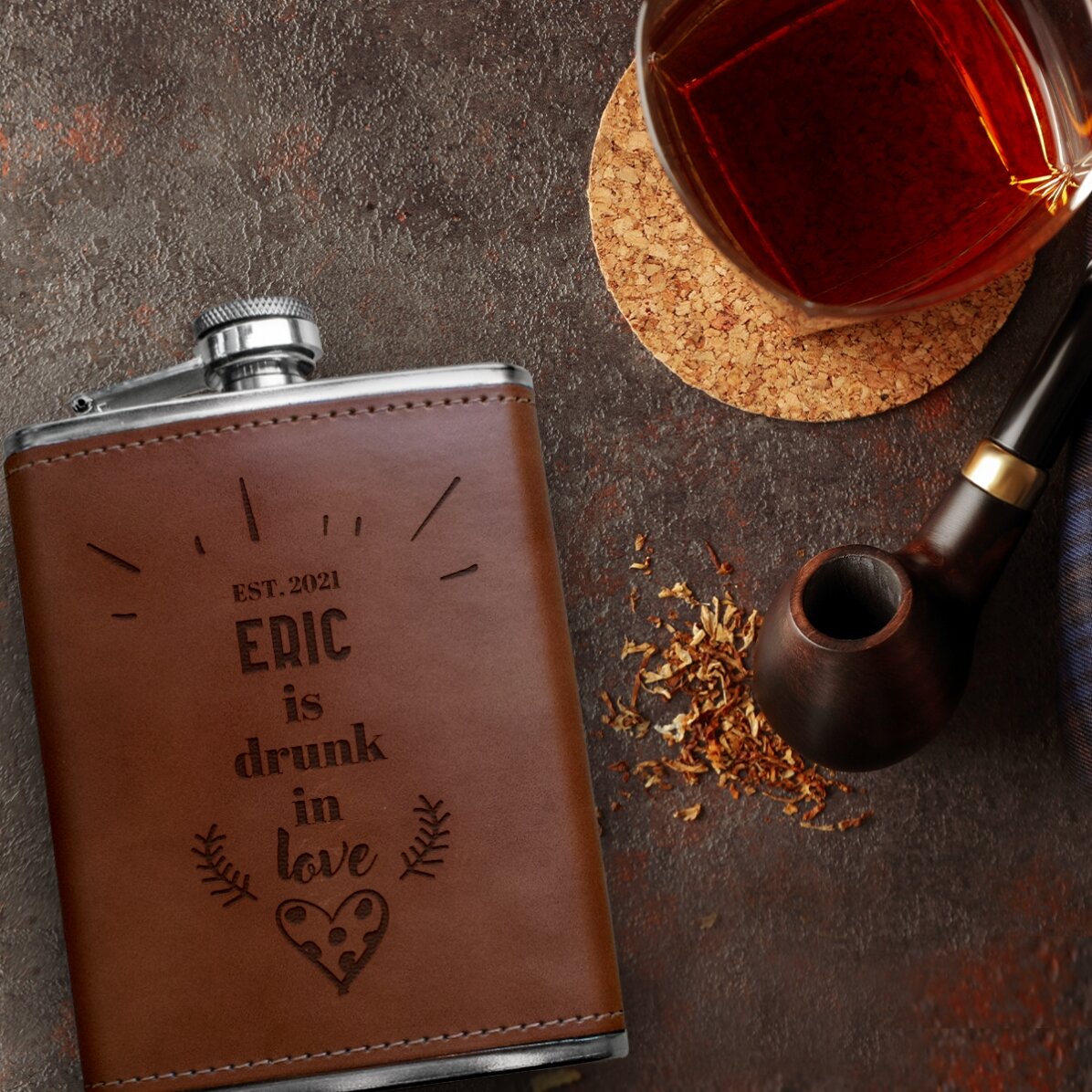 Personalised leather-covered hip flask - Drunk in love