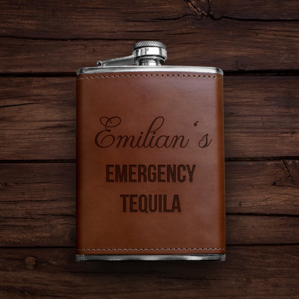 Personalisierte, mit Leder ummantelte Taschenflasche – Emergency Tequila