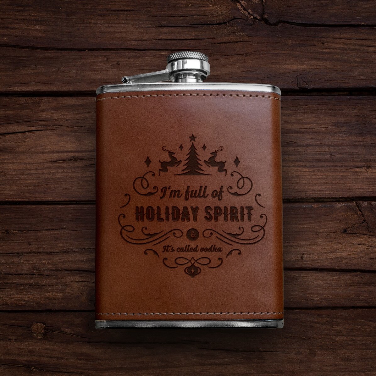 Personalisierte, mit Leder ummantelte Taschenflasche – Holiday Spirit