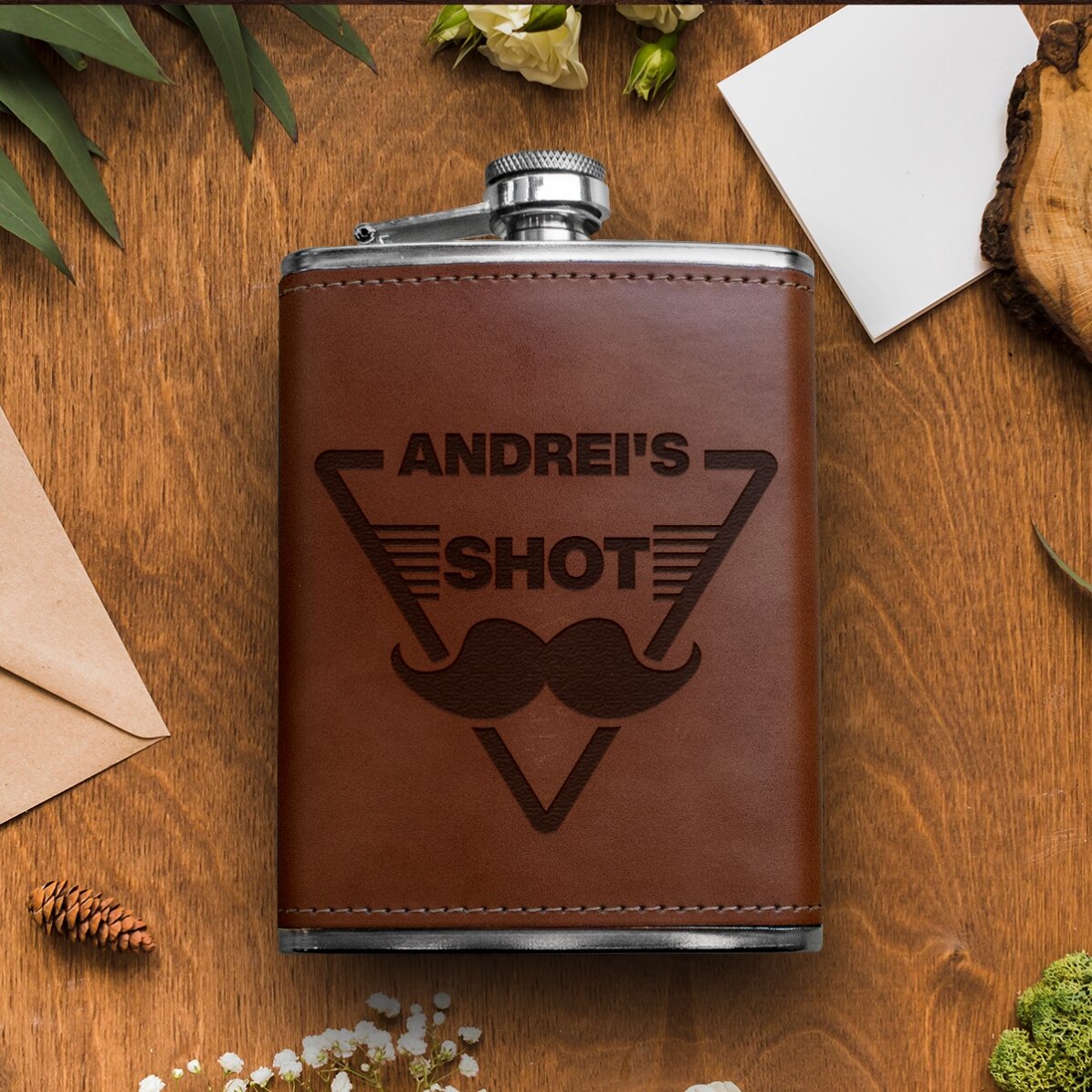 Personalisierte, mit Leder ummantelte Taschenflasche – Shot