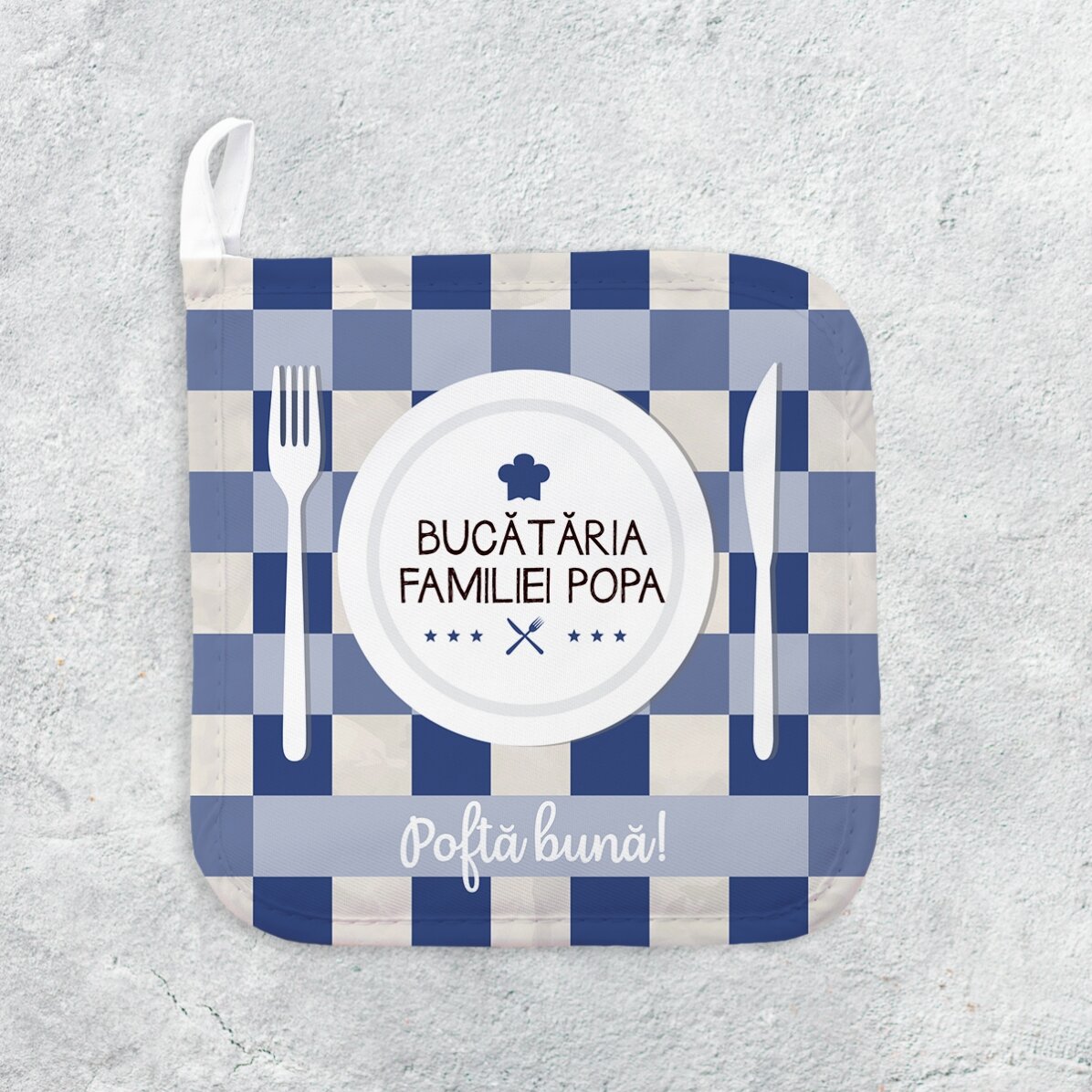 Personalised hot pot holder with text - In the family