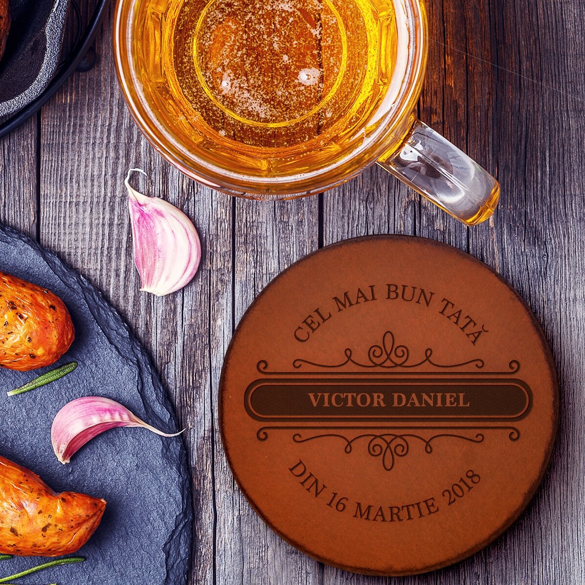 Personalised leather cup holder with text