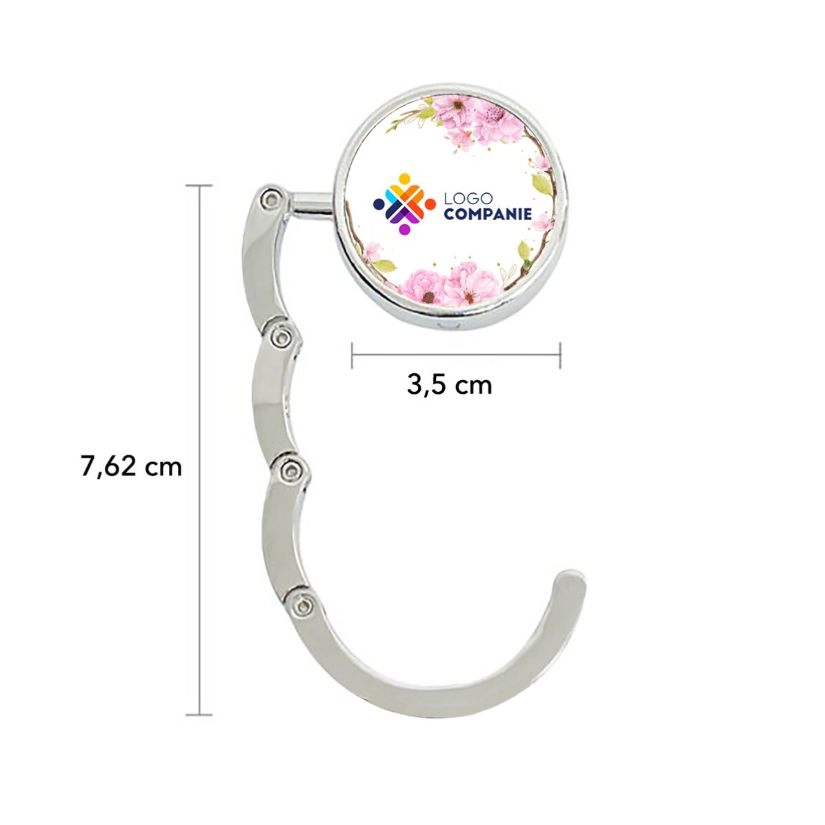 Individuell gestalteter Taschenhalter für den Tisch mit Logo und Blumenmuster