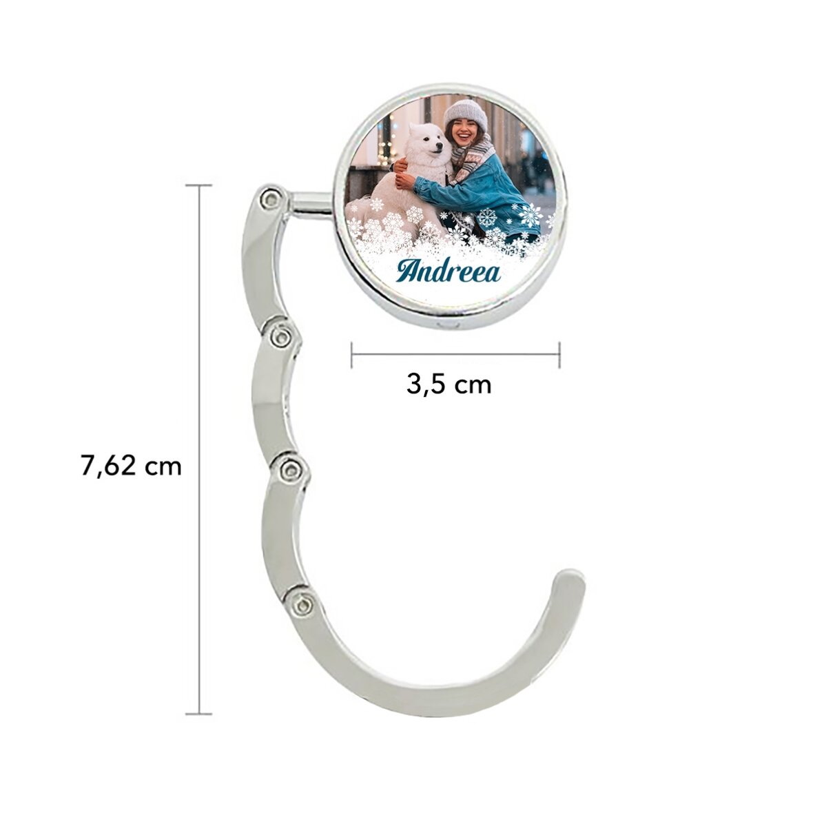 Individuell gestalteter Taschenhalter für den Tisch mit Foto und Namen – Schneeflocken
