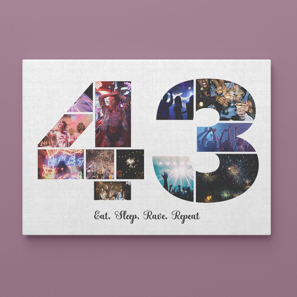 Personalised landscape canvas with 12 photos, model number 43, and text message