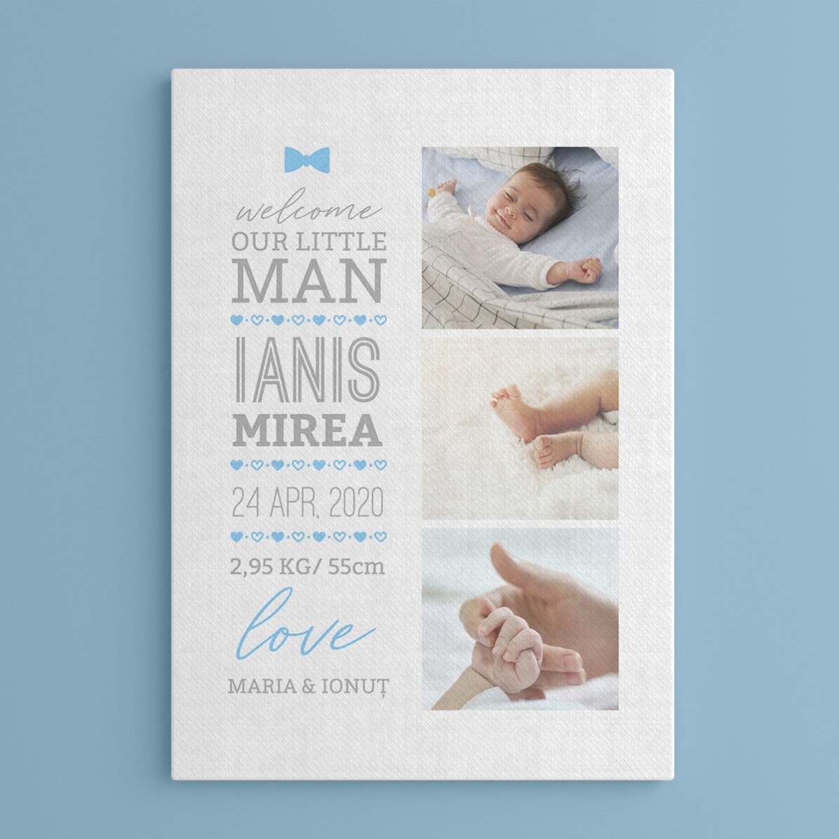 Individuell gestaltetes Bild mit Text und 3 Fotos – Hello, baby (Junge)