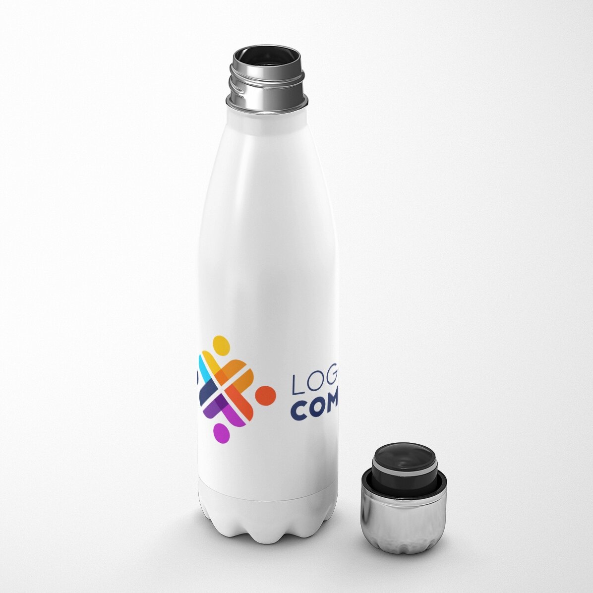 Thermoskanne mit weißem Boden, individuell mit Logo im Querformat gestaltet